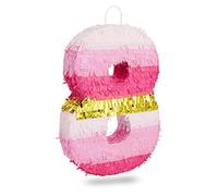 BLUE PANDA Pignatta a forma di numero 8, 41 x 28 x 7,6 cm, rosa e lamina dorata, corda da tirare, decorazione per feste di compleanno per bambina di 8 anni