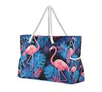 Blue Rainforest Flamingo Borsa da spiaggia portatile grande con cerniera Tote Bag per le donne per piscina palestra drogheria viaggi