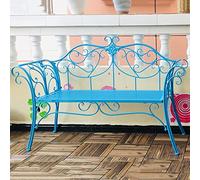 Blue Retro Metal Garden Bench 2 Seater with Curved Backrest and Armrest Outdoor Cast Iron and Aluminium Bench for Patio Porch Yard Easy Assembly & Weather Resistant