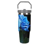 Blue Rose Flowers - Bicchiere da viaggio con cannuccia, in acciaio inox isolato, con manico, a doppia parete, coperchio a prova di perdite, mantiene le bevande calde/fredde per ore