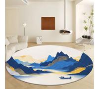 Blue Round Area Rug, Soft Low Pile Machine Washable Carpet - Non Slip Faux Wool Ink Painting Style Abstract Mountains Rugs for Living Room Bedroom Dining Room Office Home Decor Diameter 120 cm