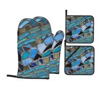 Blue Sea Glass Mosaic Light Heat Resistant Oven Mitts and Pot Holders Set of 4-500°f Protection Utensil Pocket for Grilling, Baking, Cooking