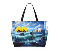 Blue Sea Landscape Print Large Waterproof Beach Tote Bag per le donne con zip e tasche borsa pieghevole per viaggi, piscina, shopping, vacanze, palestra