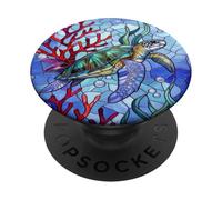 Blue Sea Turtle in Corals Mosaic Art Ocean Theme PopSockets PopGrip Adesivo