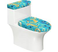 Blue Seahorse - Set di 2 copriwater con coperchio del serbatoio, elastico, per WC a forma di U e allungati, decorazione per il bagno, regalo di inaugurazione della casa