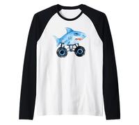 Blue Shark Driving Monster Car Truck Carino Acquerello Design Maglia con Maniche Raglan