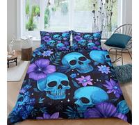 Blue skulls floralSet Di Copripiumino ultra Set di 3 Pezzi stampa di 3D con cerniera Gothic aesthetic copripiumino incluso federe aiosa ultra morbido e traspirante for bambini Single（135x200cm）