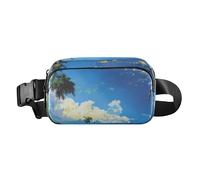 Blue Sky and Sea Yellow Sandy Beach con alcuni alberi di cocco verdi carino marsupio a tracolla per donne uomini borsa multiuso da viaggio portafoglio da viaggio con tracolla regolabile per viaggi