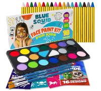 Blue Squid Kit di pittura per il viso e pastelli per il corpo, kit per la pittura del viso a 18 colori per bambini e 18 pastelli e pennarelli XL per la pelle con 18 stencil, pennelli e libro di