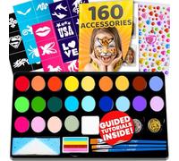 Blue Squid Set trucco ideale per bambini, 22 colori, 160 pezzi, stencil, gemme, gessetti per capelli, pennelli, glitter, spugne, opuscolo, set professionale per il trucco per bambini, colori del viso