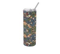 Blue Strawberry Thief - Fiaschetta da viaggio con scritta in inglese "William Morris", in acciaio inox, riutilizzabile, per bevande calde/fredde, con cannuccia, 600 ml