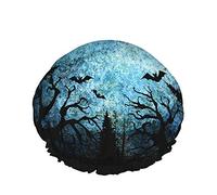 Blue Teal Grey Moon Cuffia da doccia riutilizzabile Dark Halloween Night Spider Web Pipistrelli Albero della foresta spettrale Cuffia da doccia grande Cuffia per capelli da doccia, Cuffia da bagno,