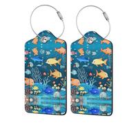 Blue Underwater World of Fish 4 etichette stampate in pelle PU, adatte per borse, etichette per borse da viaggio, etichette per bagagli