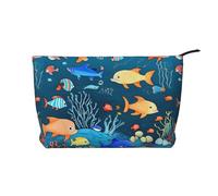 Blue Underwater World of Fish Chiusura a cerniera Borsa per il trucco in velluto a coste Organizer multifunzionale 22x7x17cm per Viaggi Campeggio Vacanza Fitness, Nero , Taglia unica