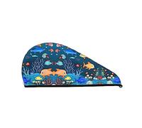 Blue Underwater World of Fish Coral Velvet Berretto per capelli asciutti da donna Cuffia per capelli con bottoni per asciugare i capelli ricci lunghi e folti Anti