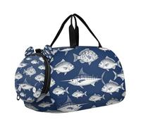 Blue White Fish Collage Ragazzo Palestra Duffel Bag con scomparto per scarpe Grande Capacità Bambini Pernottamento Borsa per la Scuola Pratica, Sport, Viaggi