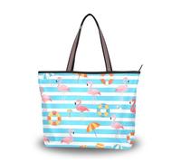 Blue White Striped Summer Flamingo tessuto di seta con cerniera lavoro tote borse convenienti in pelle per le donne