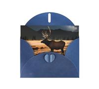 Blue WHJSHOP - Biglietto di auguri con stampa di alce nel prato, carta perlescente di alta qualità, double face, effetto perlato, busta di carta perlata