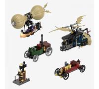 BlueBrixx Steampunk, auto a motore e macchine aeree, 1199 mattoncini | Diversi modelli nel set, rotore girevole, aereo per palloncini, effetto ottone, 485 x 400 x 185 mm, a partire dai 10 anni