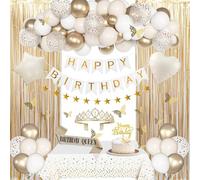 BlueCloudy Decorazione per compleanno per donna, palloncini foil sabbia bianca beige crema neutro oro, tovaglia, fascia, corona, tende, striscione Buon Compleanno, ghirlanda stelle oro, farfalla
