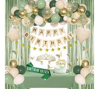 BlueCloudy Decorazione per compleanno verde per donna, palloncini foil nude avorio verde salvia, tovaglia, fascia, corona, tende a frange, striscione Buon Compleanno, ghirlanda stelle decorazione