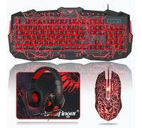 BlueFinger Tastiera da gioco e mouse, con cavo USB, retroilluminata a crepa, 114 tasti, tastiera a LED fluorescente, con luce LED rossa, per computer portatile, PC, lavoro e gioco