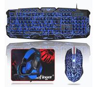 BlueFinger Tastiera da gioco retroilluminata, mouse e cuffie a LED, con cavo USB, retroilluminato a 3 colori, con luce LED blu, set per lavoro e gioco