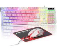 BlueFinger Tastiera da gioco RGB e mouse retroilluminato, con cavo USB, set da gioco a LED per laptop, PC, giochi e lavoro (bianco e rosa)