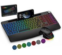 BlueFinger Tastiera wireless e mouse combinata retroilluminata, tastiera da gioco ergonomica ricaricabile da 2,4 G con poggiapolsi, supporto per telefono, manopola del volume, tastiera silenziosa con