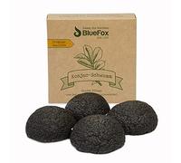 BlueFox Konjac - Set di 4 spugne in bambù carbone attivo, pulizia del viso per pelli impure e miste, trucco, sponge facciale, esfoliazione della pelle, pori puri, spugna per la pulizia, colore nero