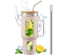 BLUEGO Bicchiere in vetro con coperchio e cannucce, 1400 ml Tazza per caffè freddo con manico, Bottiglie d'acqua in vetro con custodia in silicone, 1,4 l Tazza in vetro, Senza BPA, Ambra