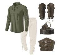 Bluelucon Viking Oufit - Camicia medievale da uomo Renaissance Viktorian Pirati con lacci da pescatore, guerriero gotico, colletto alto, cosplay, top con pantaloni al ginocchio, protezione per braccio