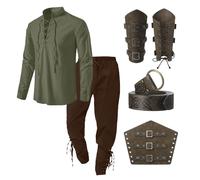 Bluelucon Viking Oufit - Camicia medievale da uomo Renaissance Viktorian Pirati con lacci da pescatore, guerriero gotico, colletto alto, cosplay, top con pantaloni al ginocchio, protezione per braccio