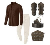 Bluelucon Viking Oufit - Camicia medievale da uomo Renaissance Viktorian Pirati con lacci da pescatore, guerriero gotico, colletto alto, cosplay, top con pantaloni al ginocchio, protezione per braccio