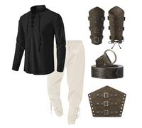 Bluelucon Viking Oufit - Camicia medievale da uomo Renaissance Viktorian Pirati con lacci da pescatore, guerriero gotico, colletto alto, cosplay, top con pantaloni al ginocchio, protezione per braccio