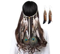 Bluelves 2 Pezzi Copricapo Boho Indiano Set, Indiana Copricapo Hippie Boemia Donne, Boho Orecchini con Piume, Fascia Indiana Donna, Accessori Hippie Donna