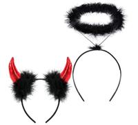 Bluelves 2 Pezzi Corna Diavolo Halloween Aureola Angelo Fascia,Rosso Orecchie Diavolo Fascia + Nera Aureola Angelo Cerchietti,Diavolo Accessori Fascia per Carnevale Halloween Cosplay Festa