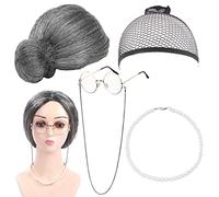 BLUESEABUY 5 Pezzi Granny Vecchia Signora Accessorio con Parrucca Cappuccio Grigio Nonna Parrucca Nonna Occhiali Cinturino Catene Occhiali Gioielli di Perle per Halloween Carnevale Giochi di Ruolo