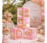 Blueweenly 56 pezzi rosa autunno zucca a tema baby shower decorazioni 4 pezzi blocchi scatola trasparente con 4 luci a LED, carte e palloncini una piccola zucca è sulla strada forniture per feste baby