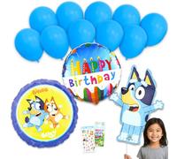 Bluey Confezione da 13 palloncini - Bundle con 2 palloncini in alluminio, palloncini di compleanno, adesivi, altro | Decorazioni per palloncini Bluey per feste bambini ragazzi ragazze