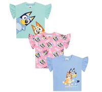 Bluey Confezione da 3 magliette da ragazza | T-shirt a maniche corte con volant | 100% cotone | Età 18 mesi a 8 anni, blu/rosa/verde, 18-24 Mesi