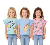 Bluey Confezione da 3 magliette da ragazza | T-shirt a maniche corte con volant | 100% cotone | Età 18 mesi a 8 anni, blu/rosa/verde, 3-4 Anni