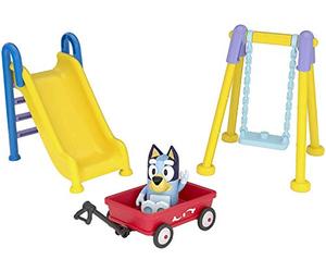 Bluey Park Play Set Articulated 2.5 inch Action Figure And Three Piece Park Playset with Swing, Slide And Ridable Wagon Official Collectable Toy