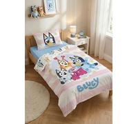 Bluey - Parure da letto per bambini, 100% cotone, copripiumino 100 x 135 cm + federa 40 x 60 cm, motivo Bluey, Bingo e Muffin, certificato Oeko-TEX - rosa e bianco a righe