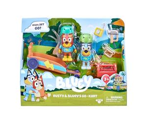 Bluey Rusty and Bluey's Go-Kart Playset; Action Figure ufficiali da collezione Rusty da 6,3-7,6 cm con go-kart, caschi, strumenti e accessori per cassetta degli attrezzi