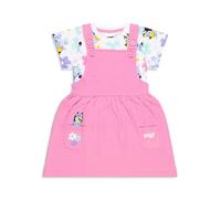 Bluey Set composto da abito e t-shirt da bambina, con tasche, maglietta bianca con stampa all-over, spalline regolabili, morbido cotone, rosa, 5-6 Anni