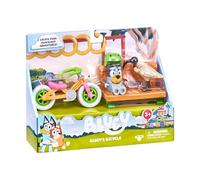 Bluey Set da gioco per biciclette; Action figure ufficiale collezione da 6,3-7,6 cm, tra cui moto, casco, panca e accessori per pollo