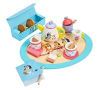 Bluey Set da tè - Set da 18 pezzi in legno con vassoio, teiera, tazze da tè, biscotti e blocco note per bambini dai 3 anni in su - Divertente e gioco di ruolo, certificato FSC
