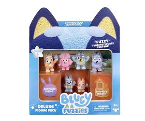 Bluey Set di figure Fuzzies Deluxe con 6 mini statuette da collezione appositamente floccate. Include 2 figurine a sorpresa (pacchetto cieco), carte collezionabili e guida da collezionare. 80 A
