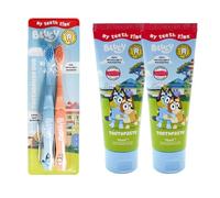 Bluey - Set di spazzolini da denti e dentifricio aromatizzato alla fragola, ideale per bambini e dentifricio, sbiancamento delicato, spazzolino da viaggio per un facile utilizzo + magnete Cheeroo